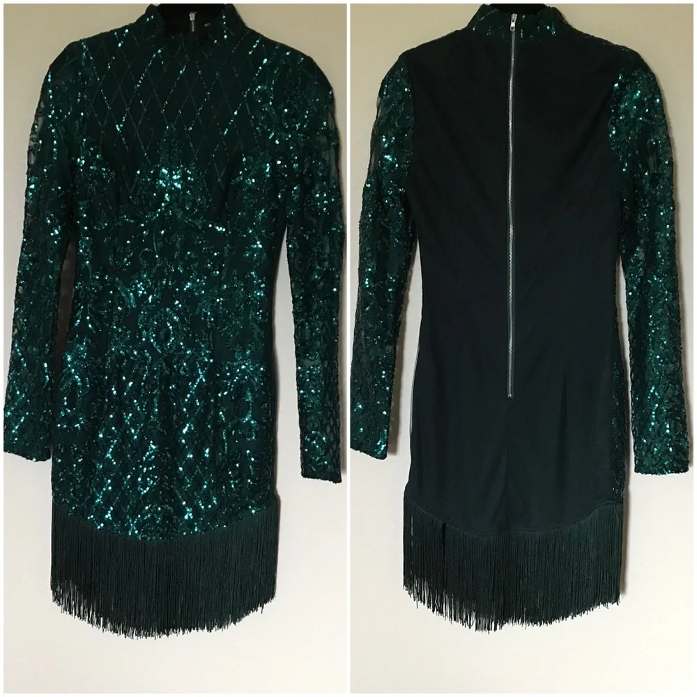 NWT PrettyLittleThing Emerald Green Sequin Fringe Tassel Bodycon Party Dress 2 - Picture 3 of 13